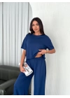 Osy Modal Yumuşak Dokulu Kumaş Bisiklet Yaka T-shirt Bol paça Pantalon ikili Takım -Saks Mavi