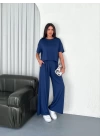 Osy Modal Yumuşak Dokulu Kumaş Bisiklet Yaka T-shirt Bol paça Pantalon ikili Takım -Saks Mavi