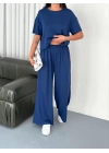 Osy Modal Yumuşak Dokulu Kumaş Bisiklet Yaka T-shirt Bol paça Pantalon ikili Takım -Saks Mavi