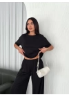 Osy Modal Yumuşak Dokulu Kumaş Bisiklet Yaka T-shirt Bol paça Pantalon ikili Takım -Siyah