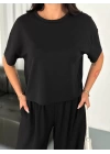 Osy Modal Yumuşak Dokulu Kumaş Bisiklet Yaka T-shirt Bol paça Pantalon ikili Takım -Siyah