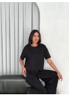 Osy Modal Yumuşak Dokulu Kumaş Bisiklet Yaka T-shirt Bol paça Pantalon ikili Takım -Siyah