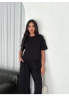Osy Modal Yumuşak Dokulu Kumaş Bisiklet Yaka T-shirt Bol paça Pantalon ikili Takım -Siyah