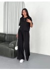 Osy Modal Yumuşak Dokulu Kumaş Bisiklet Yaka T-shirt Bol paça Pantalon ikili Takım -Siyah