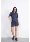 Osy Modal yumuşak dokulu Kumaş Kadın Bisiklet Yaka T-shirt Kısa Şort İkili Takım - Antrasit