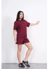 Osy Modal yumuşak dokulu Kumaş Kadın Bisiklet Yaka T-shirt Kısa Şort İkili Takım - Bordo