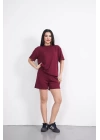 Osy Modal yumuşak dokulu Kumaş Kadın Bisiklet Yaka T-shirt Kısa Şort İkili Takım - Bordo