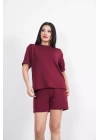 Osy Modal yumuşak dokulu Kumaş Kadın Bisiklet Yaka T-shirt Kısa Şort İkili Takım - Bordo