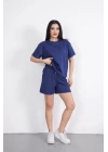 Osy Modal yumuşak dokulu Kumaş Kadın Bisiklet Yaka T-shirt Kısa Şort İkili Takım - Mavi
