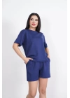 Osy Modal yumuşak dokulu Kumaş Kadın Bisiklet Yaka T-shirt Kısa Şort İkili Takım - Mavi