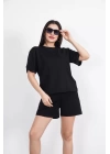 Osy Modal yumuşak dokulu Kumaş Kadın Bisiklet Yaka T-shirt Kısa Şort İkili Takım - Siyah
