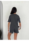 Osy Modal yumuşak dokulu Kumaş Kadın Parçalı Bisiklet Yaka T-shirt Kısa Şort İkili Takım - Antrasit