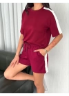 Osy Modal yumuşak dokulu Kumaş Kadın Parçalı Bisiklet Yaka T-shirt Kısa Şort İkili Takım -  Bordo