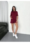 Osy Modal yumuşak dokulu Kumaş Kadın Parçalı Bisiklet Yaka T-shirt Kısa Şort İkili Takım -  Bordo