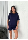 Osy Modal yumuşak dokulu Kumaş Kadın Parçalı Bisiklet Yaka T-shirt Kısa Şort İkili Takım - Mavi