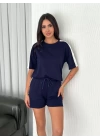 Osy Modal yumuşak dokulu Kumaş Kadın Parçalı Bisiklet Yaka T-shirt Kısa Şort İkili Takım - Mavi