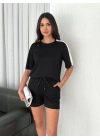Osy Modal yumuşak dokulu Kumaş Kadın Parçalı Bisiklet Yaka T-shirt Kısa Şort İkili Takım - Siyah