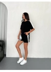 Osy Modal yumuşak dokulu Kumaş Kadın Parçalı Bisiklet Yaka T-shirt Kısa Şort İkili Takım - Siyah