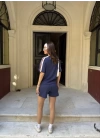 Osy Modal yumuşak dokulu Kumaş Kadın Parçalı Bisiklet Yaka T-shirt Mini Şortlu Etek İkili Takım -Lacivert