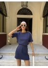 Osy Modal yumuşak dokulu Kumaş Kadın Parçalı Bisiklet Yaka T-shirt Mini Şortlu Etek İkili Takım -Lacivert