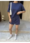 Osy Modal yumuşak dokulu Kumaş Kadın Parçalı Bisiklet Yaka T-shirt Mini Şortlu Etek İkili Takım -Lacivert
