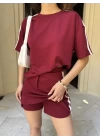 Osy Modal yumuşak dokulu Kumaş Kadın Parçalı Bisiklet Yaka T-shirt Mini Şortlu Etek İkili Takım -Bordo