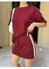 Osy Modal yumuşak dokulu Kumaş Kadın Parçalı Bisiklet Yaka T-shirt Mini Şortlu Etek İkili Takım -Bordo