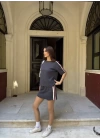 Osy Modal yumuşak dokulu Kumaş Kadın Parçalı Bisiklet Yaka T-shirt Mini Şortlu Etek İkili Takım - Füme
