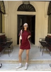 Osy Modal yumuşak dokulu Kumaş Kadın Parçalı Bisiklet Yaka T-shirt Mini Şortlu Etek İkili Takım -Bordo
