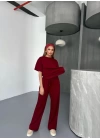 Osy Modal Yumuşak Dokulu Kumaş   Kısa Kollu Bluz Rahat Pantalon ikili Takım- Bordo