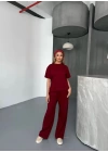 Osy Modal Yumuşak Dokulu Kumaş   Kısa Kollu Bluz Rahat Pantalon ikili Takım- Bordo