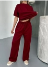 Osy Modal Yumuşak Dokulu Kumaş   Kısa Kollu Bluz Rahat Pantalon ikili Takım- Bordo