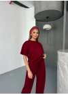 Osy Modal Yumuşak Dokulu Kumaş   Kısa Kollu Bluz Rahat Pantalon ikili Takım- Bordo