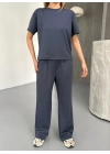 Osy Modal Yumuşak Dokulu Kumaş Kısa Kollu Bluz Rahat Pantalon ikili Takım- Füme