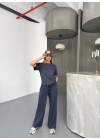 Osy Modal Yumuşak Dokulu Kumaş Kısa Kollu Bluz Rahat Pantalon ikili Takım- Füme