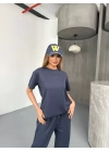 Osy Modal Yumuşak Dokulu Kumaş Kısa Kollu Bluz Rahat Pantalon ikili Takım- Füme