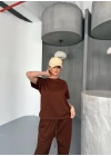 Osy Modal Yumuşak Dokulu Kumaş Kısa Kollu Bluz Rahat Pantalon ikili Takım- Kahverengi