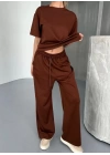 Osy Modal Yumuşak Dokulu Kumaş Kısa Kollu Bluz Rahat Pantalon ikili Takım- Kahverengi