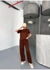 Osy Modal Yumuşak Dokulu Kumaş Kısa Kollu Bluz Rahat Pantalon ikili Takım- Kahverengi