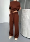 Osy Modal Yumuşak Dokulu Kumaş Kısa Kollu Bluz Rahat Pantalon ikili Takım- Kahverengi
