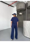 Osy Modal Yumuşak Dokulu Kumaş Kısa Kollu Bluz Rahat Pantalon ikili Takım- Lacivert