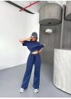 Osy Modal Yumuşak Dokulu Kumaş Kısa Kollu Bluz Rahat Pantalon ikili Takım- Lacivert