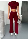 Osy Modal Yumuşak Dokulu Kumaş Kısa Kollu Crop Alt ispanyol Paça Pantalon ikili Takım - Bordo