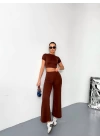 Osy Modal Yumuşak Dokulu Kumaş Kısa Kollu Crop Alt ispanyol Paça Pantalon ikili Takım - Kahverengi