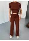 Osy Modal Yumuşak Dokulu Kumaş Kısa Kollu Crop Rahat Pantalon ikili Takım - Kahverengi