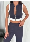 Osy Modal Yumuşak Dokulu Kumaş Tam Fermuarlı Crop Pantalon İkili Takım - Antrasit