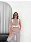 Osy Modal Yumuşak Dokulu Kumaş Tam Fermuarlı Crop Pantalon İkili Takım - Gri