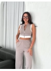 Osy Modal Yumuşak Dokulu Kumaş Tam Fermuarlı Crop Pantalon İkili Takım - Gri