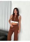 Osy Modal Yumuşak Dokulu Kumaş Tam Fermuarlı Crop Pantalon İkili Takım - Kahverengi