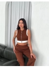Osy Modal Yumuşak Dokulu Kumaş Tam Fermuarlı Crop Pantalon İkili Takım - Kahverengi